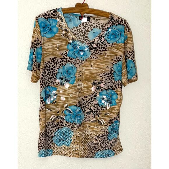 Vtg 2-Piece Top & Pants Pantsuit Aqua Flower Floral Set Stretch T-C Fashion SZ L - Picture 3 of 10